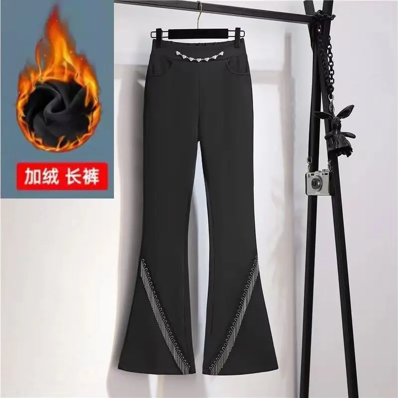 

Fashionable bell bottom pants women in autumn and winter new high waisted design slim fit elastic tassel splicing trousers