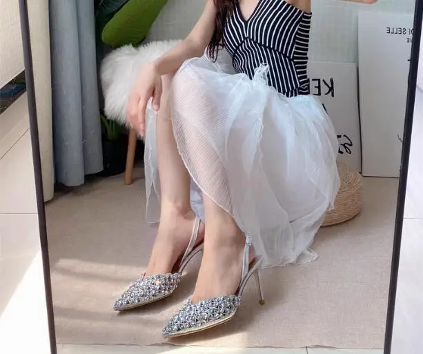 Nastro Nero Oro Bling Cristallo Strass Diamante Hollow Punta a punta Sandali con cinturino poco profondo Donna 6 8 10 CM Scarpe con tacco sottile