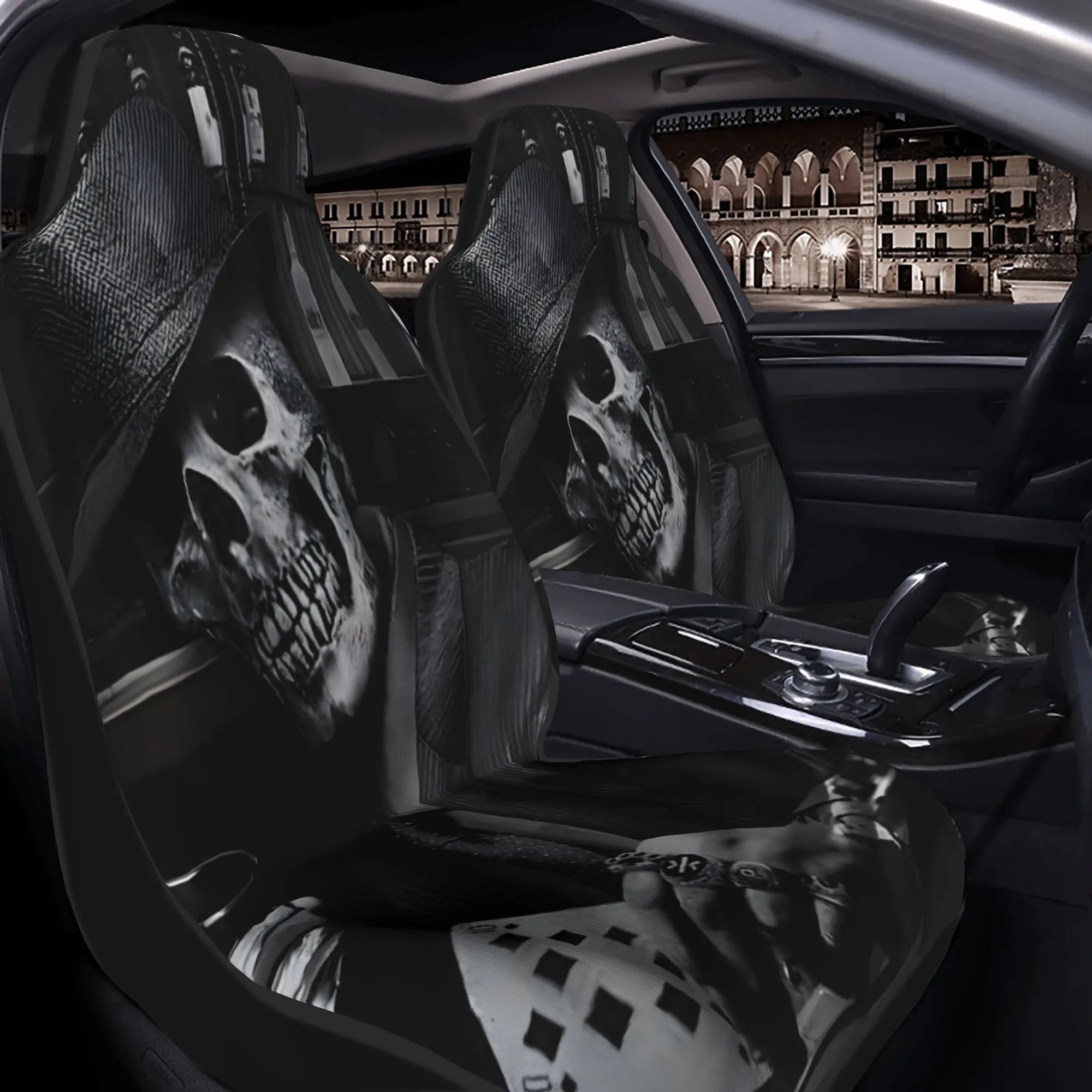2pcs A Skeleton In A Suit Playing Cards At A Bar With Bottles Behind HimCar Seat Covers, Suitable For All Vehicles, Christmas Gi