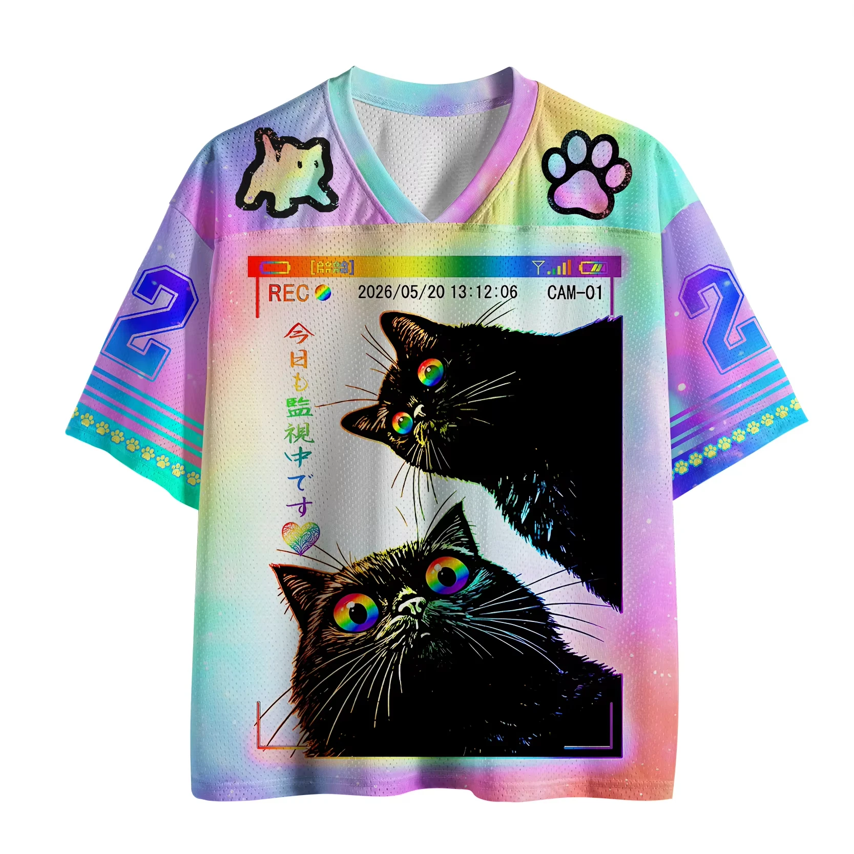 Unisex Quick Dry V Neck Sports Jersey, Rainbow Gradient Cute Black Cat Print Hip Hop T-shirt Retro Streetwear Short Sleeve Tops
