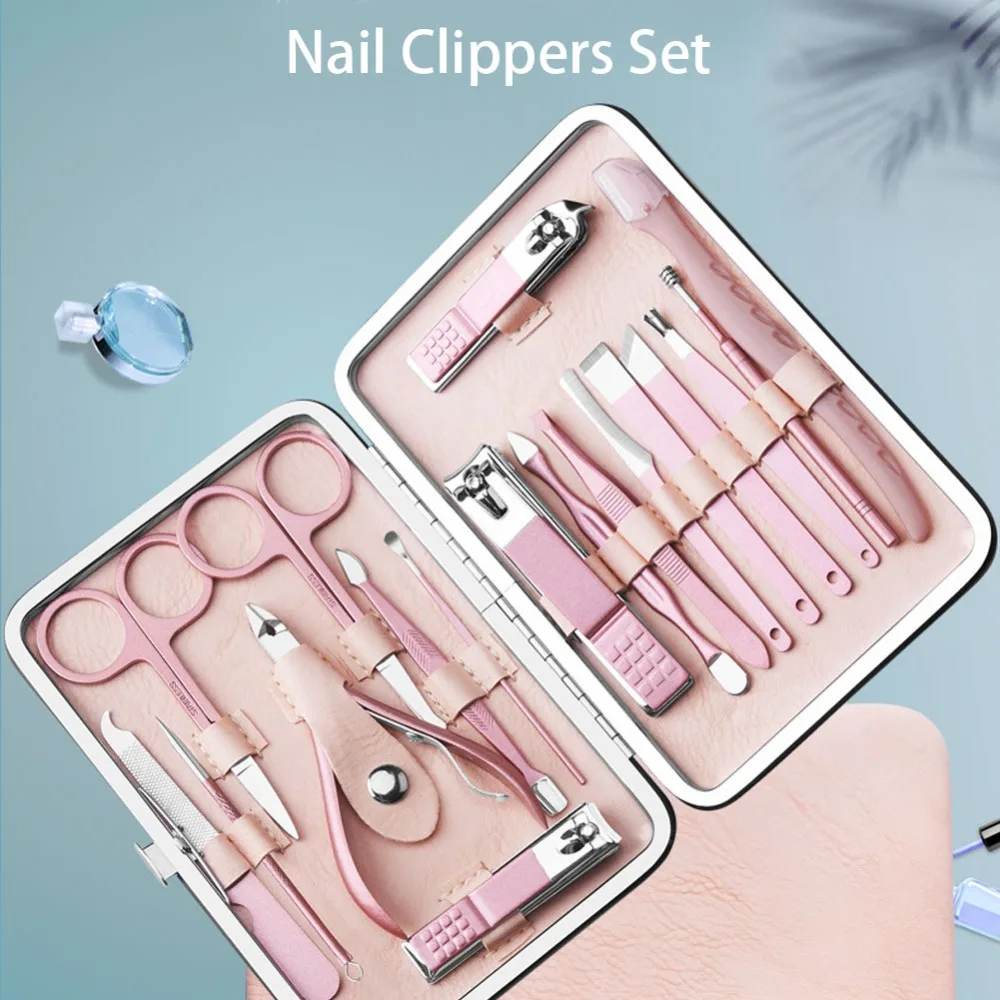 

18PCS Stainless Steel Nail Clippers Set Portable Rose Gold Nail Art Tool Set PU Leather Case Nail Care Kit Nail Salons
