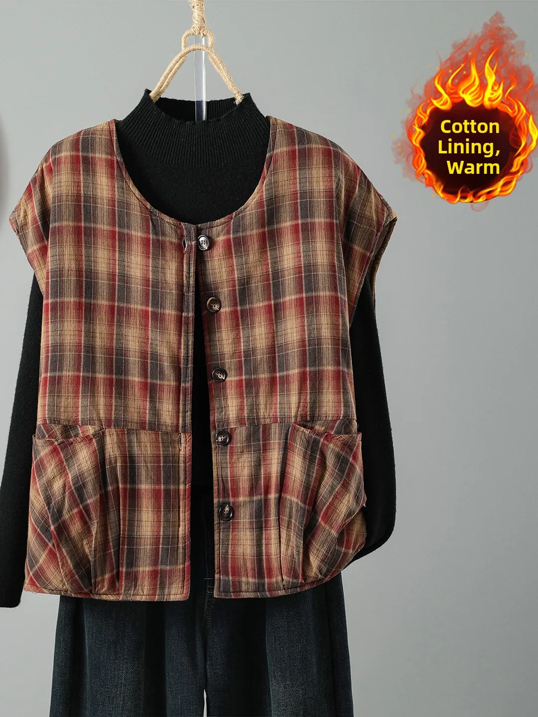 Retro Style Cotton Linen Vest Outerwear Women Winter Layering round Neck Sleeveless Shoulder Pad Warm Slimming Top