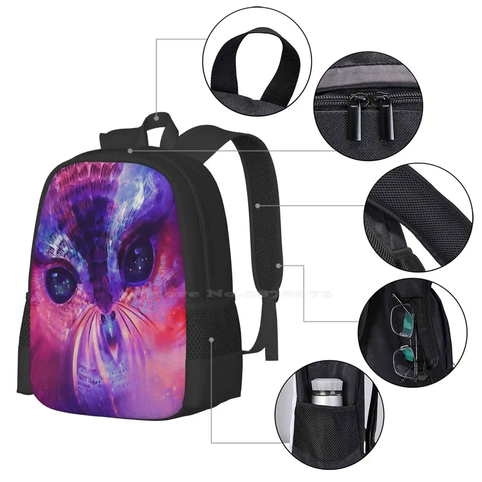 Mochila escolar con diseño de Zeus, bolso con diseño de búho, nebulosa, noche, estrellas, ojos, Arte Fino, colores del universo