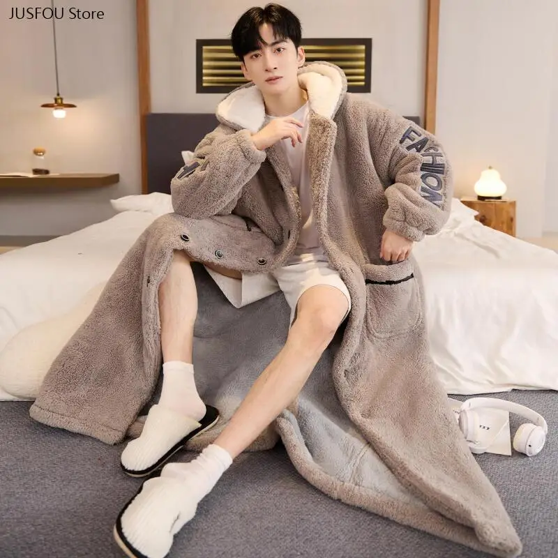 Men Hooded Long Kimono Bathrobe, Thick Flannel with Coral Fleece Lining Warm Pocket Home Night Gown for Autumn Winter