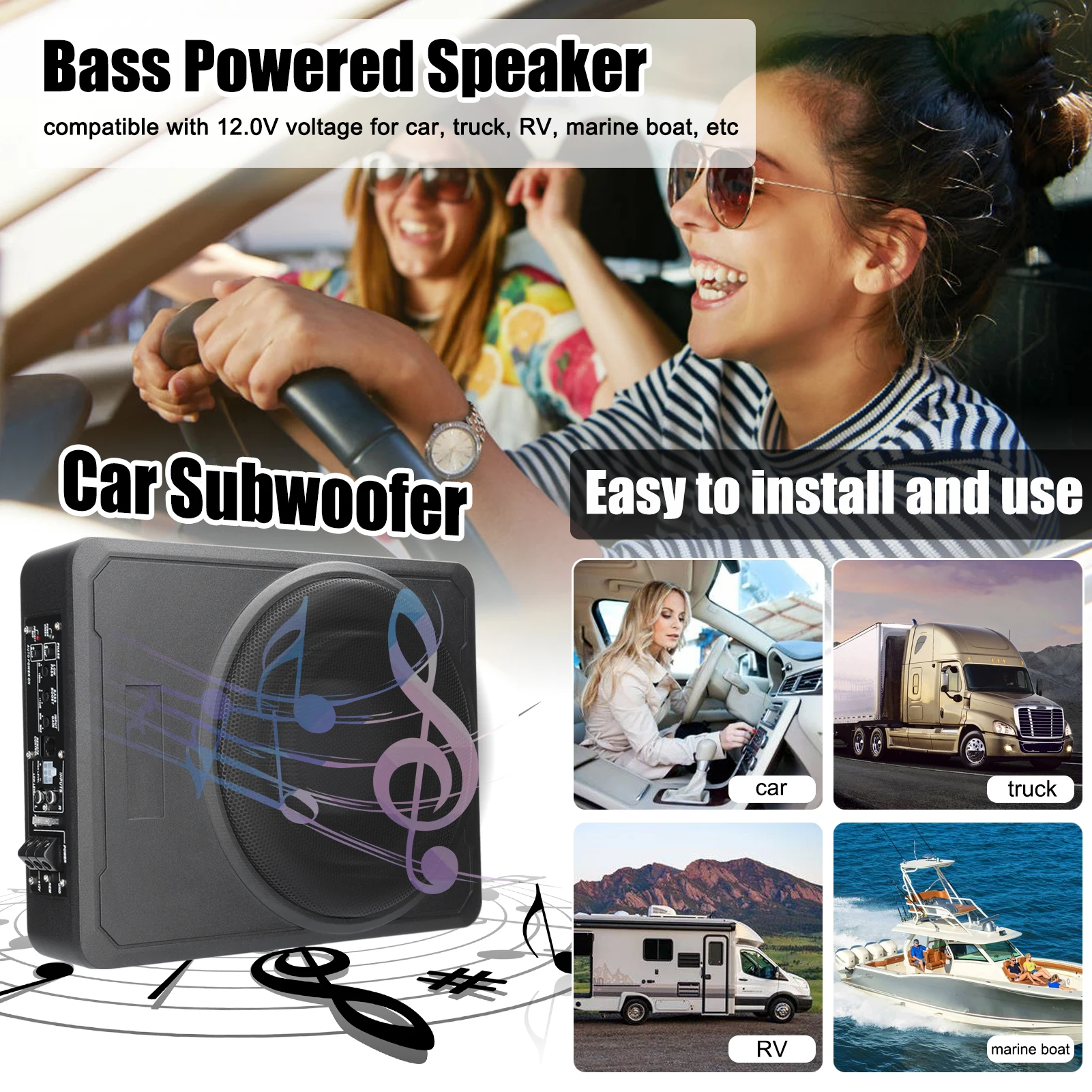 Car Subwoofer 10in 800W Stable Performance Aluminum Alloy Housing Subwoofer for 12V Car Truck Marine Boat Under-Seat Subwoofer