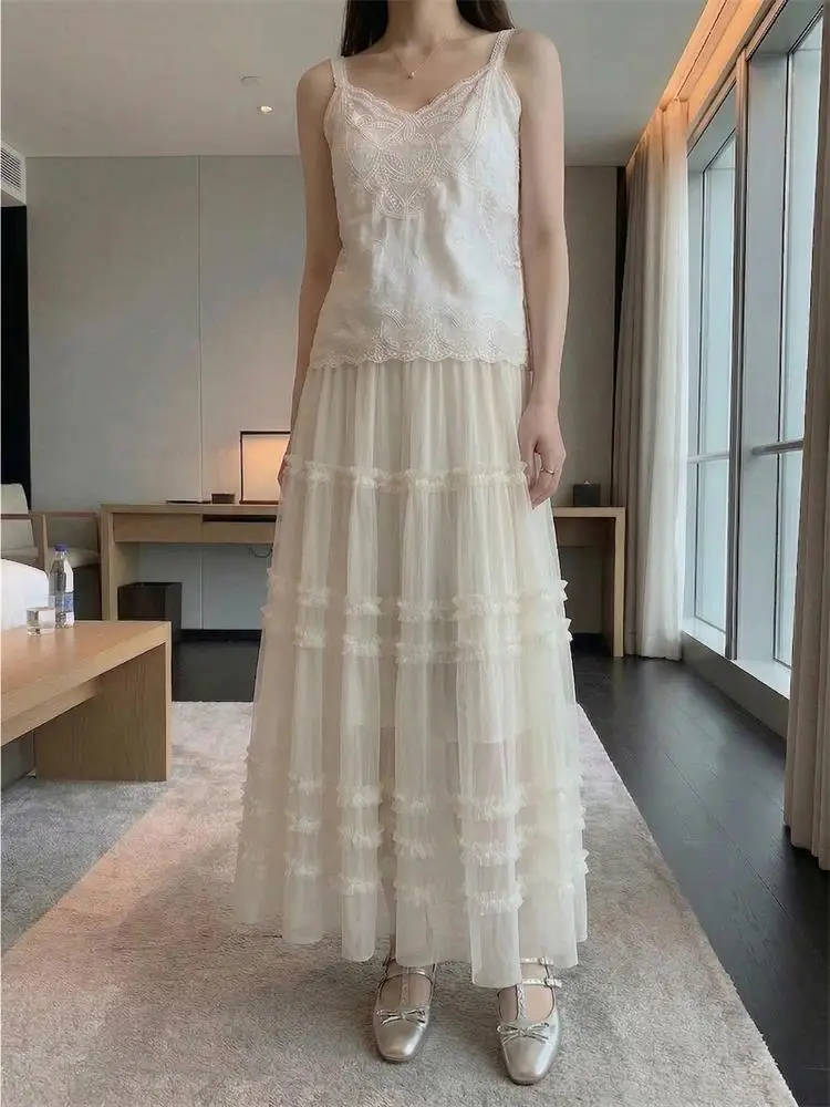 

Gentle Beige Lace Skirt Women's Spring A-Line Fairy Skirt High Waist Wide Hem Half-length Casual Korean Style Pleated Skirt