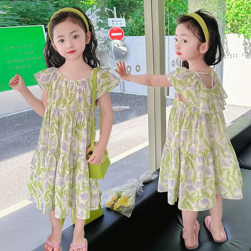 2024 Korean Summer Junior Girl Dress Flounce Floral Tulip Beach Elementary School Short Sleeve Girl Dress 3-16 Years Outfits