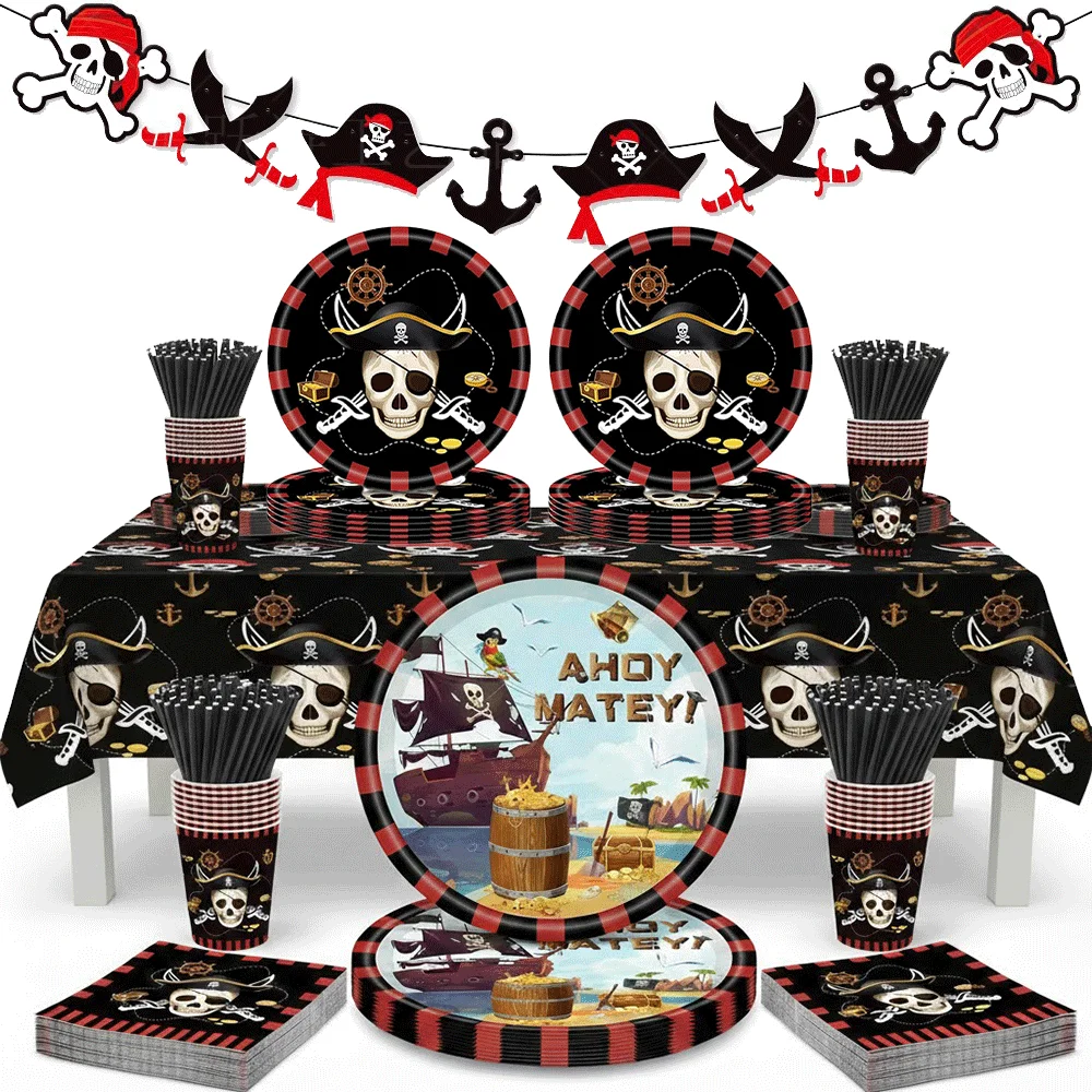 Pirate Themed Birthday Party Supplies Decor Pirate Treasure Island Party Set Skull Tablecloth Paper Plates Kids Boy Party Decor