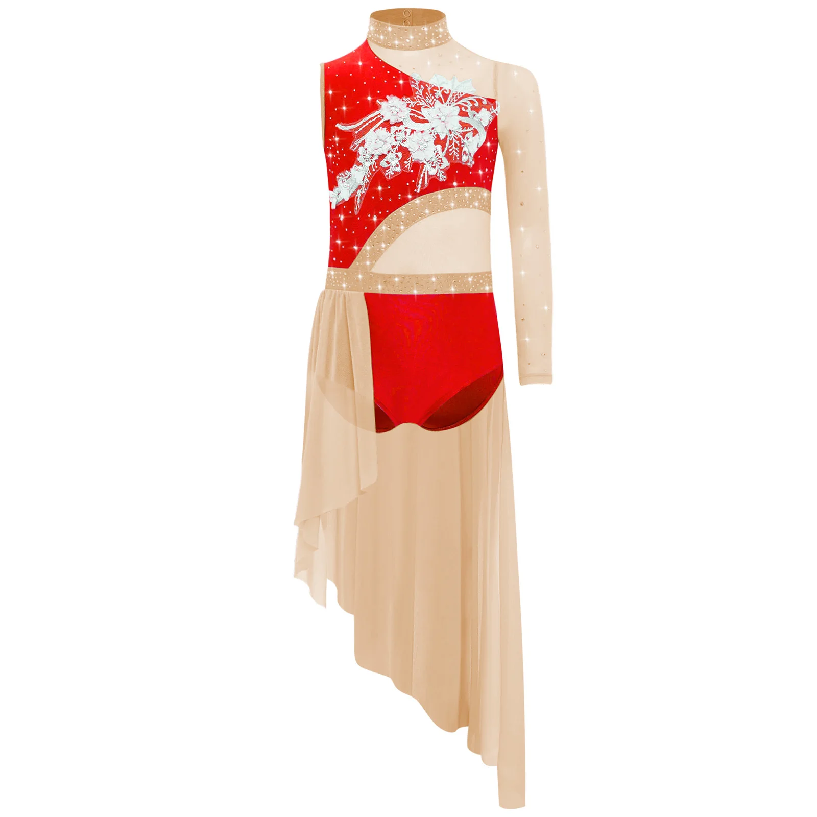 

Girls Figure Skating Dance Costume Lyrical Rhinestone Flower Applique Single Sleeve Ballet Dance Dress for Ballet Latin Show