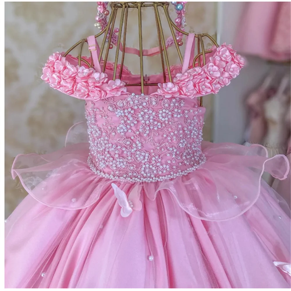 Vestido de tule frisado rosa para floristas, 3D Butterflies Floral, vestido de aniversário infantil, Girl Pageant Gowns