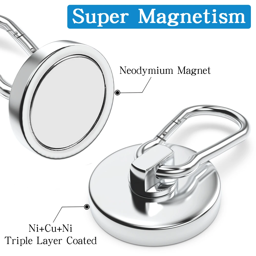 Gancho magnético súper fuerte N52, imán de neodimio, mosquetón giratorio de 360 °, llavero de anillo magnético, asiento magnético