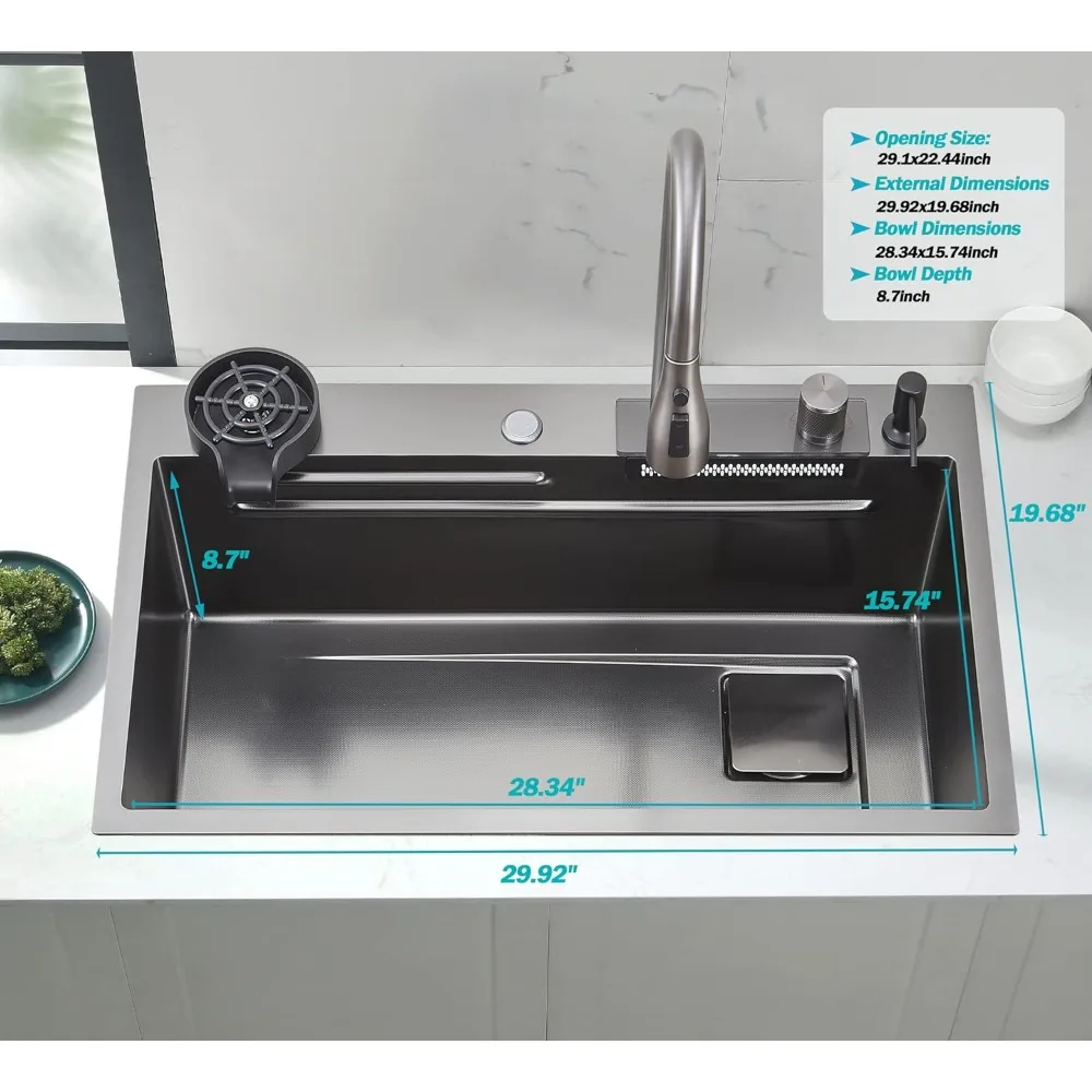 30x20 Inch Kitchen Sink, Multifunctional Sinks with 2-in-1 Waterfall Faucet and Various Accessories, Kitchen Sink