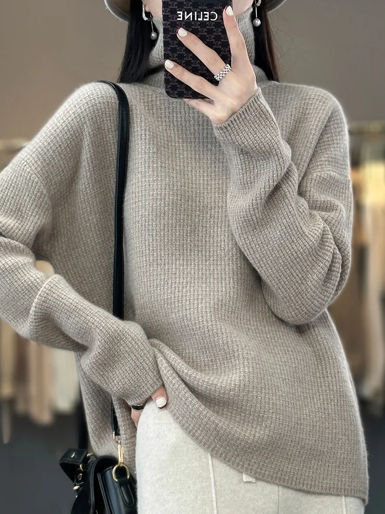 

Женский пуловер, осень-зима, повседневная свободная водолазка, вязаный свитер из 100% мериносовой шерсти, теплые мягкие вязаные топы с длинными рукавами