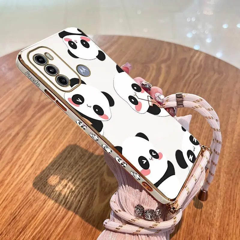 

Five Small Panda Lanyard Plating Phone Case For Motorola Moto G60 G50 G42 G52 G53 G30 G20 G22 E20 Plus G9 Play G8 Power Cover