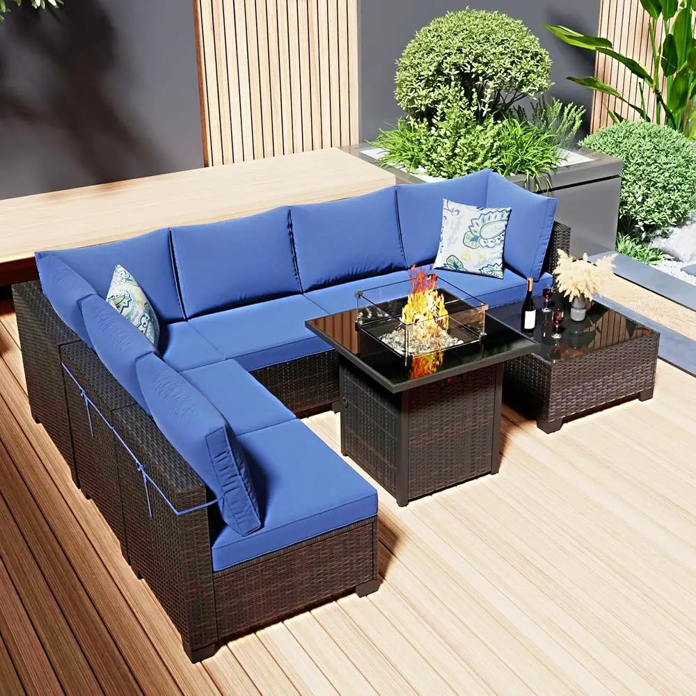 

Комплект садовой мебели из 8 предметов с очагом для костра, секционный диван из ротанга, кресло из ротанга для сада, террасы (коричневый/синий)