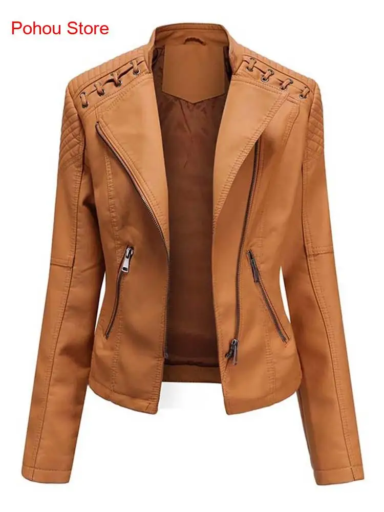 European Size Spring and Autumn Pu Leather Jacket Short Jacket Slim Fit Thin Leather Jacket Motorcycle Women