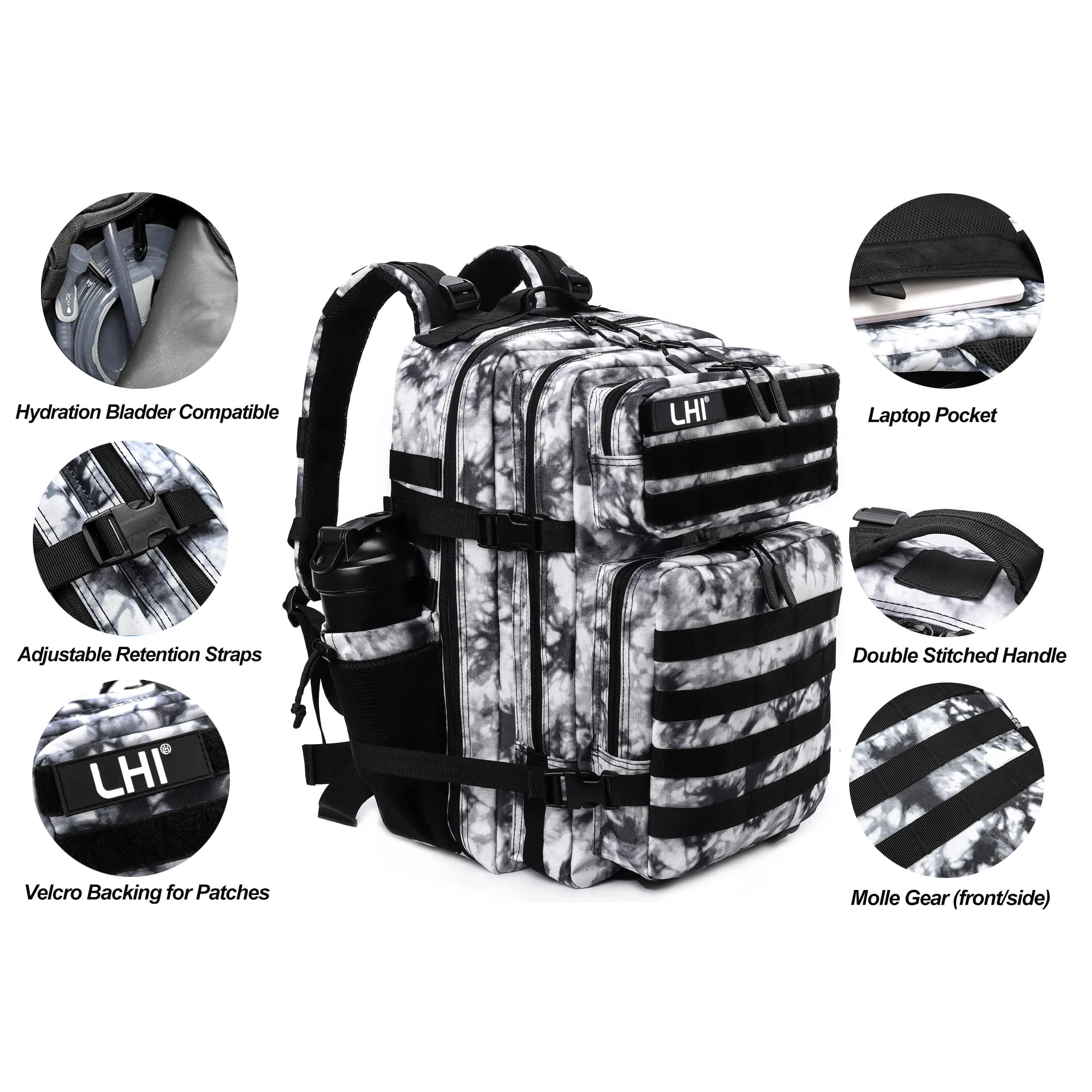 LHI 45L Tactical Backpack for Men and Women Large Athlete Gym Bag Outdoor Sports Hiking Survival Rucksack with Bottle Holder