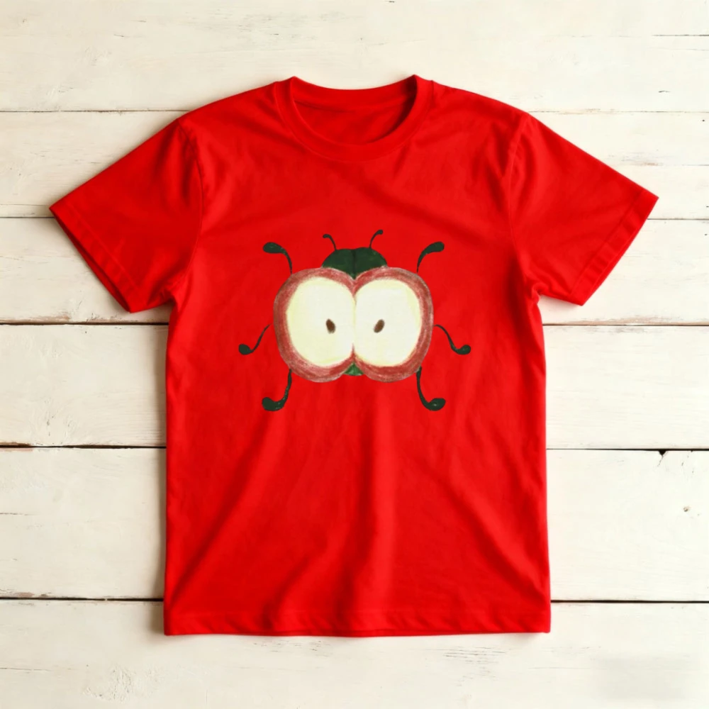 Cute Apple Beetle Graphic T-Shirt Whimsical Fruit Bug Art Aesthetic Tee Nature Lover Y2K Style  Top Free Clothing Clearance