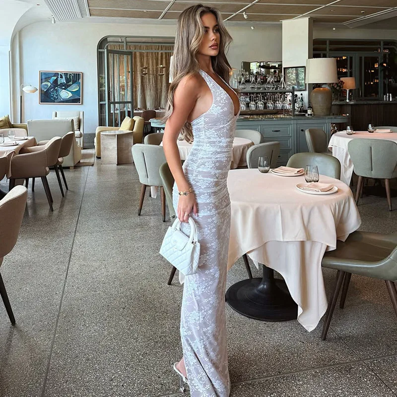 Blifanbo Halter Tiefem V-ausschnitt Sexy Print Maxi Kleid Frauen Backless Split Lace-up Hohe Taille Bodycon Fashion Club Party lange Kleid