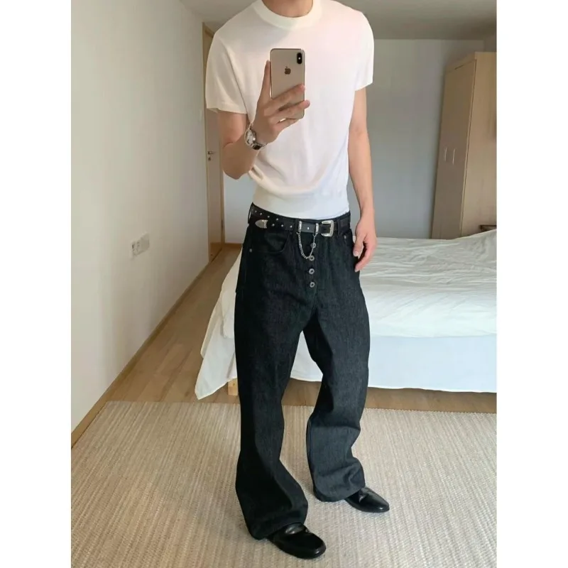 رجل جينز Harajuku الصيف هونغ كونغ نمط إلكتروني طباعة الدنيم السراويل الهيب هوب Ins شارع العليا العصرية فضفاضة كول موضة بنطلون #2