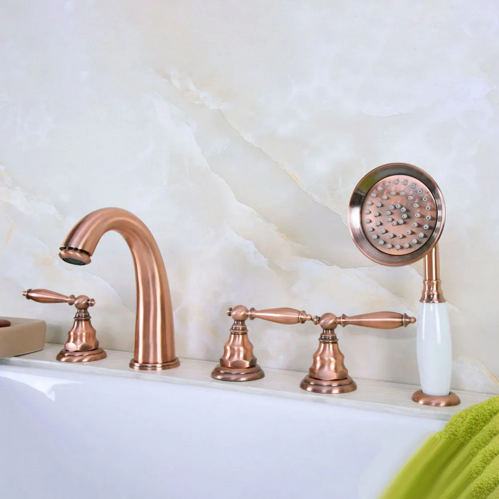 

Antique Red Copper Roman Bathtub Mixer Faucet Set with Handheld Shower Deck Mounted 5 Holes Hot and Cold Taps ztf237