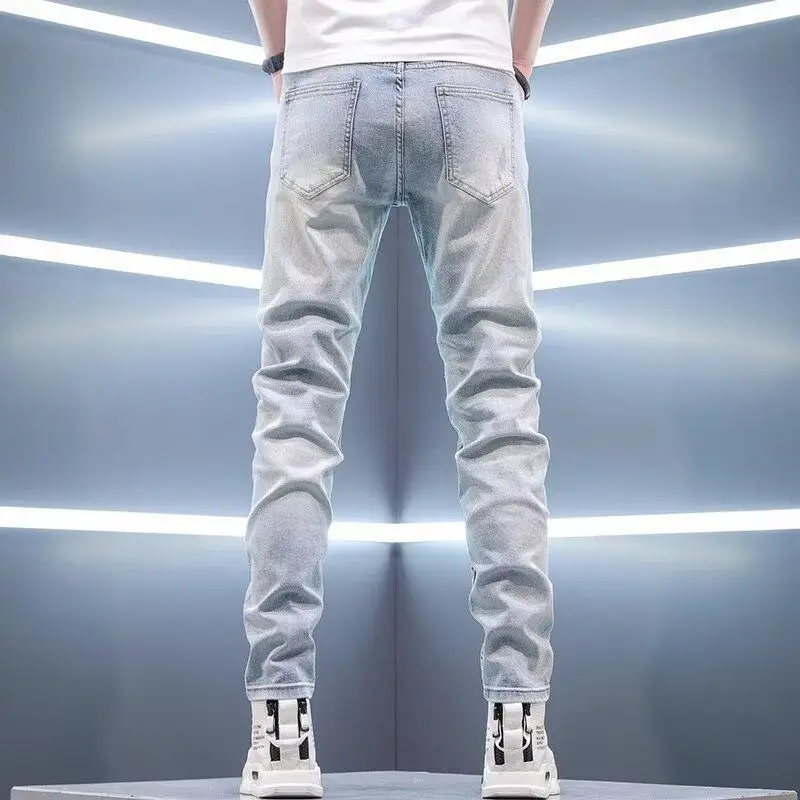 High-end 2026 Stretch Jeans Men's Trendy Brand Summer Thin Ripped Embroidery Slim-fitting Small Feet Light-colored Long Pants