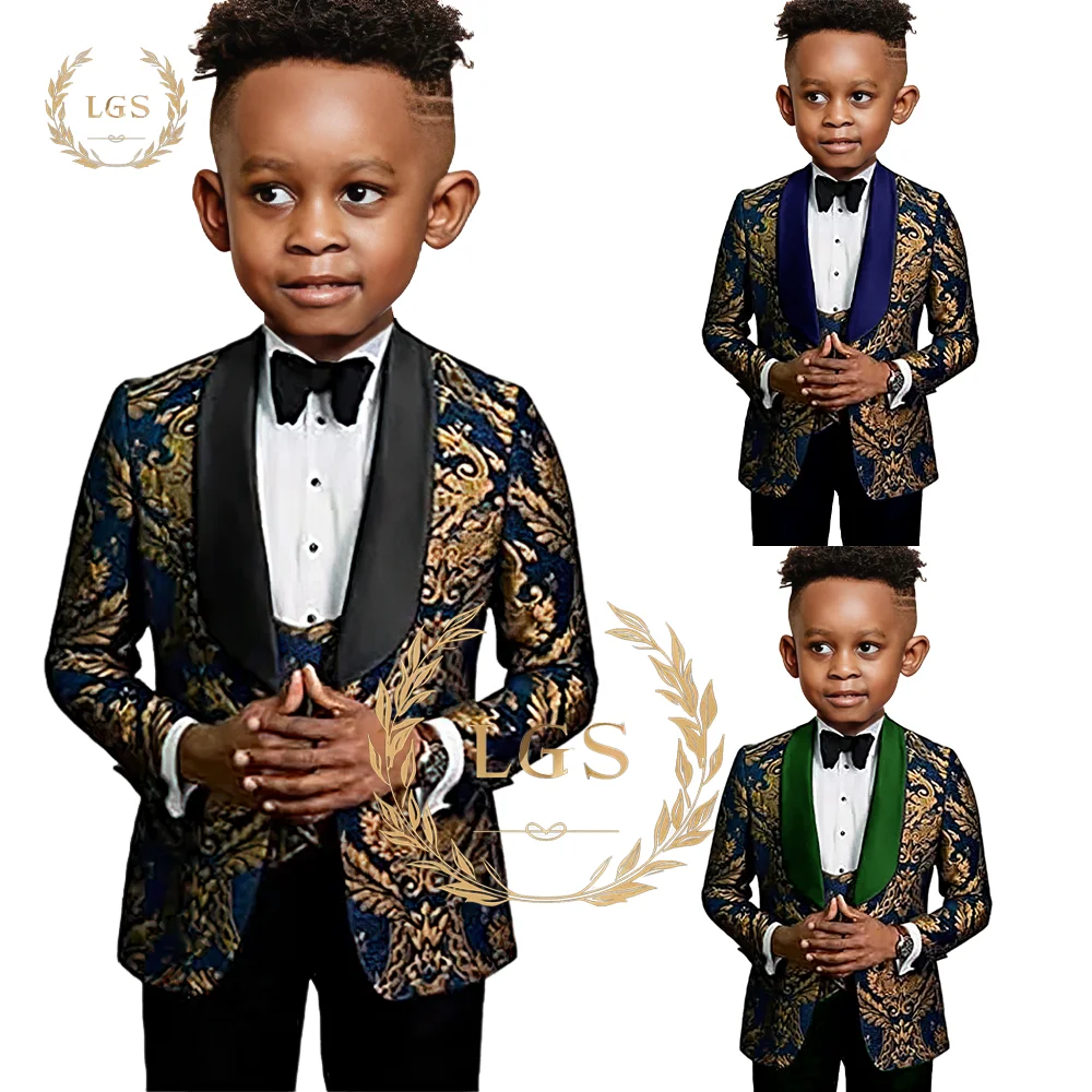 

Boys 3 Piece Gold Floral Outfit Includes Blazer Pants and Waistcoat for Weddings, Birthday Parties and Special Occasions