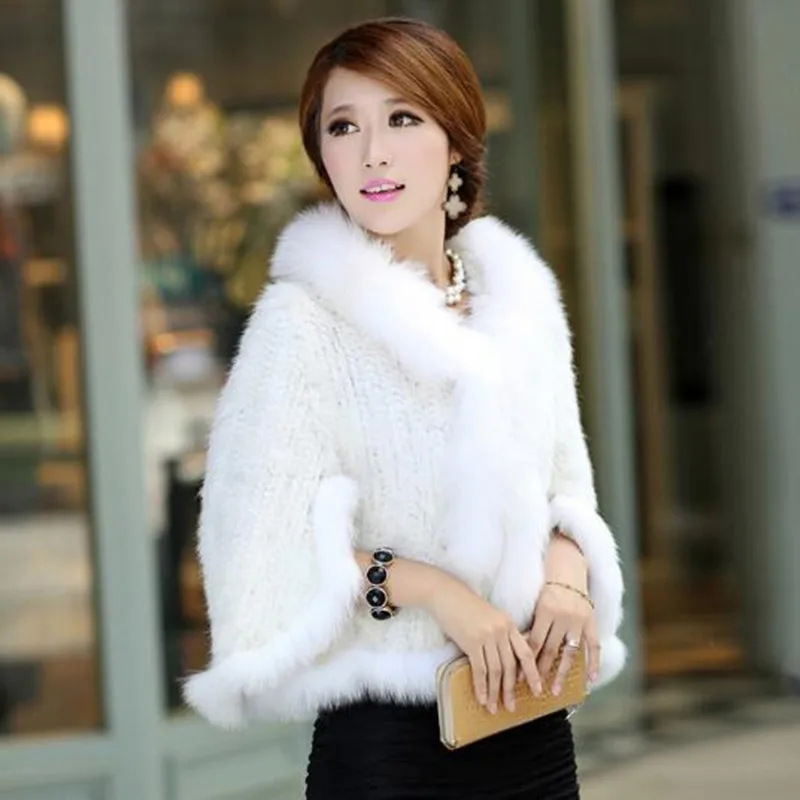 100% Natural Genuine Mink Fur Shawl With Fox Fur Collar Winter Women Real Mink Fur Coat Knitted Fashion Ladies Cardigan Fur Cape