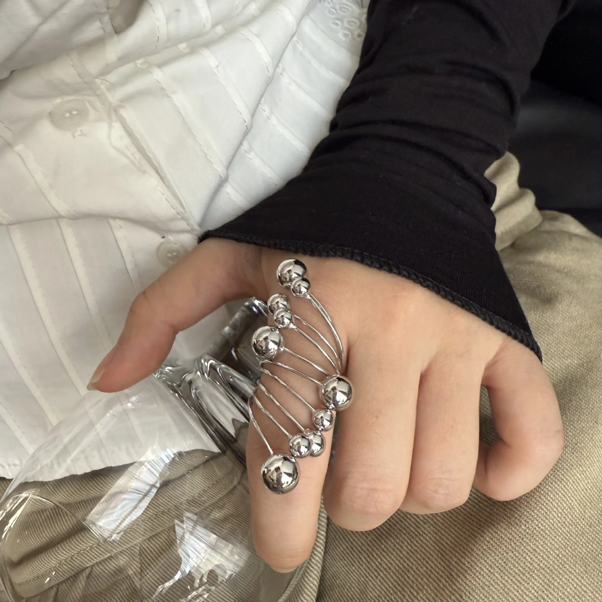Exaggeration Irregular Multi-layer Metal Round Ball Beading Open Rings Women Vintage Personality Simple Versatile Party Jewelry