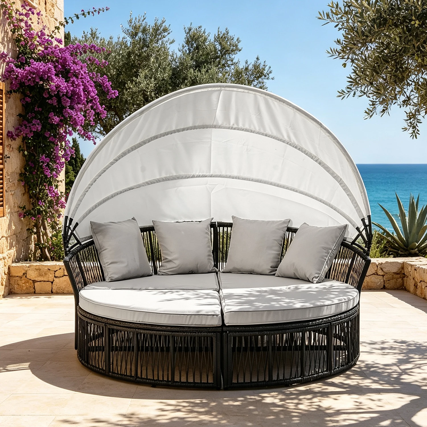 Outdoor Patio Furniture Set, Hand-woven Thin Wicker Round Daybed Patio Furniture with Foldable Sun Canopy & Cushioned Pillows, Breathable All-weather Outdoor Furniture Lounge Bed, Relax Outdoor Patio Furniture Set for Courtyard Poolside & Garden