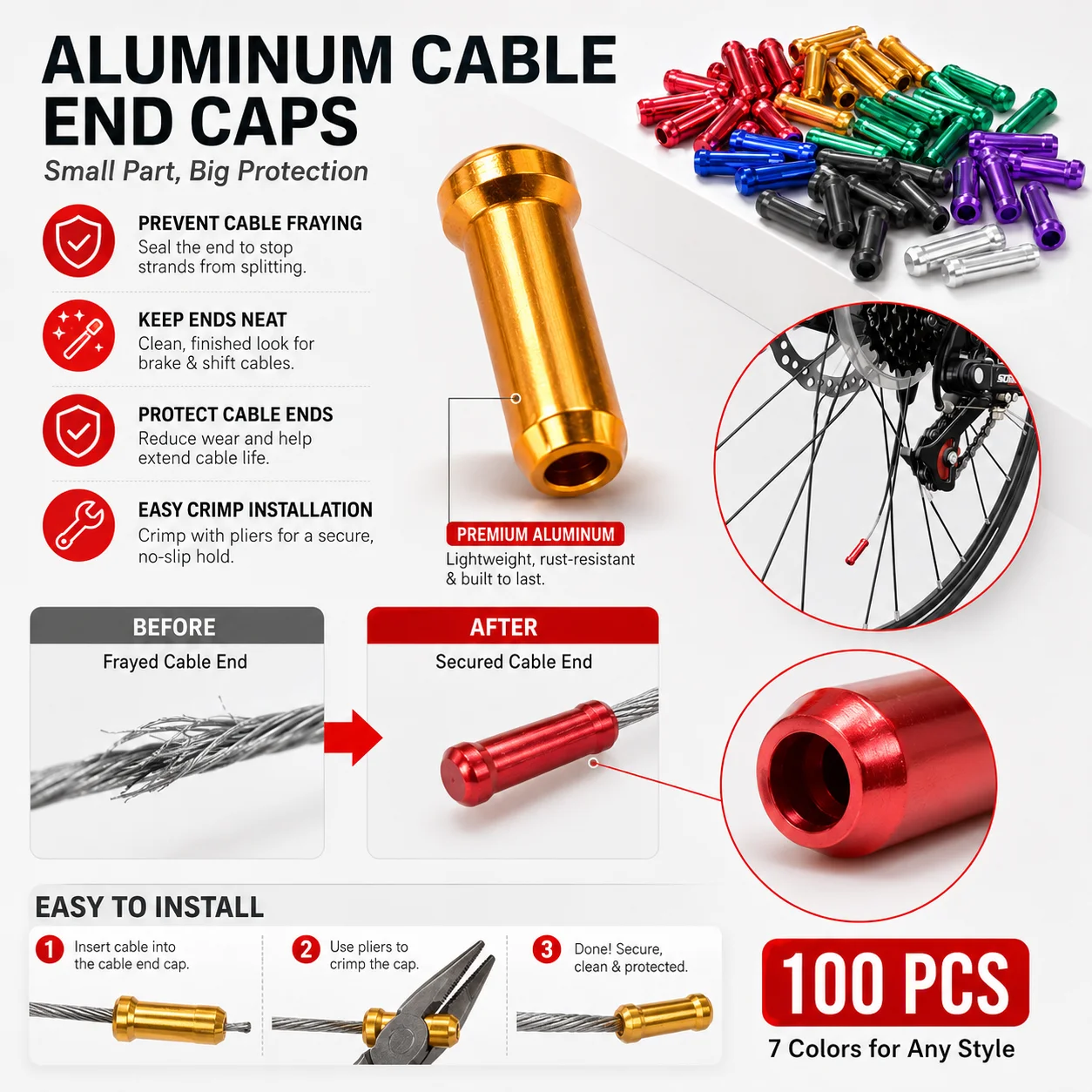 PINMOAP 100PCS Aluminum Bike Cable End Caps Bicycle Brake Derailleur Shift Wire Tips Crimp Caps for Road MTB Repair Parts Kit view 3