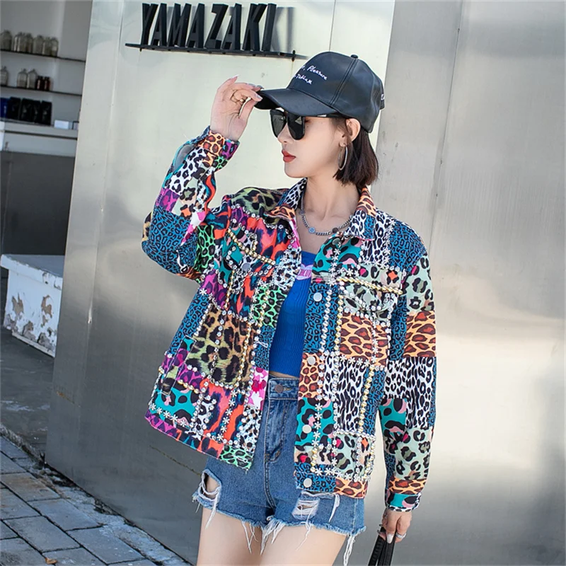 Vintage Rivet Beaded Leopard Print Denim Coat Women 2024 Spring Autumn Casual Fashion Long Sleeve Jeans Jacket Female Streetwear