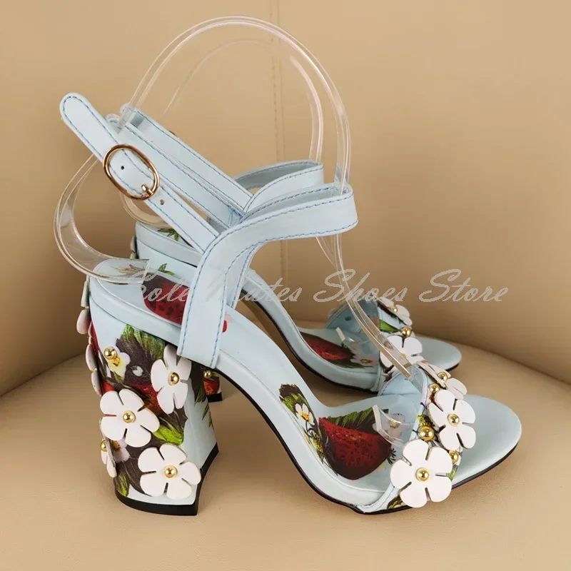 

Summer Light Blue Strawberry Print Sandals Flower Decoration Metal Buckle T-Strap Dress Shoes Party Chunky Heel Woman Shoes