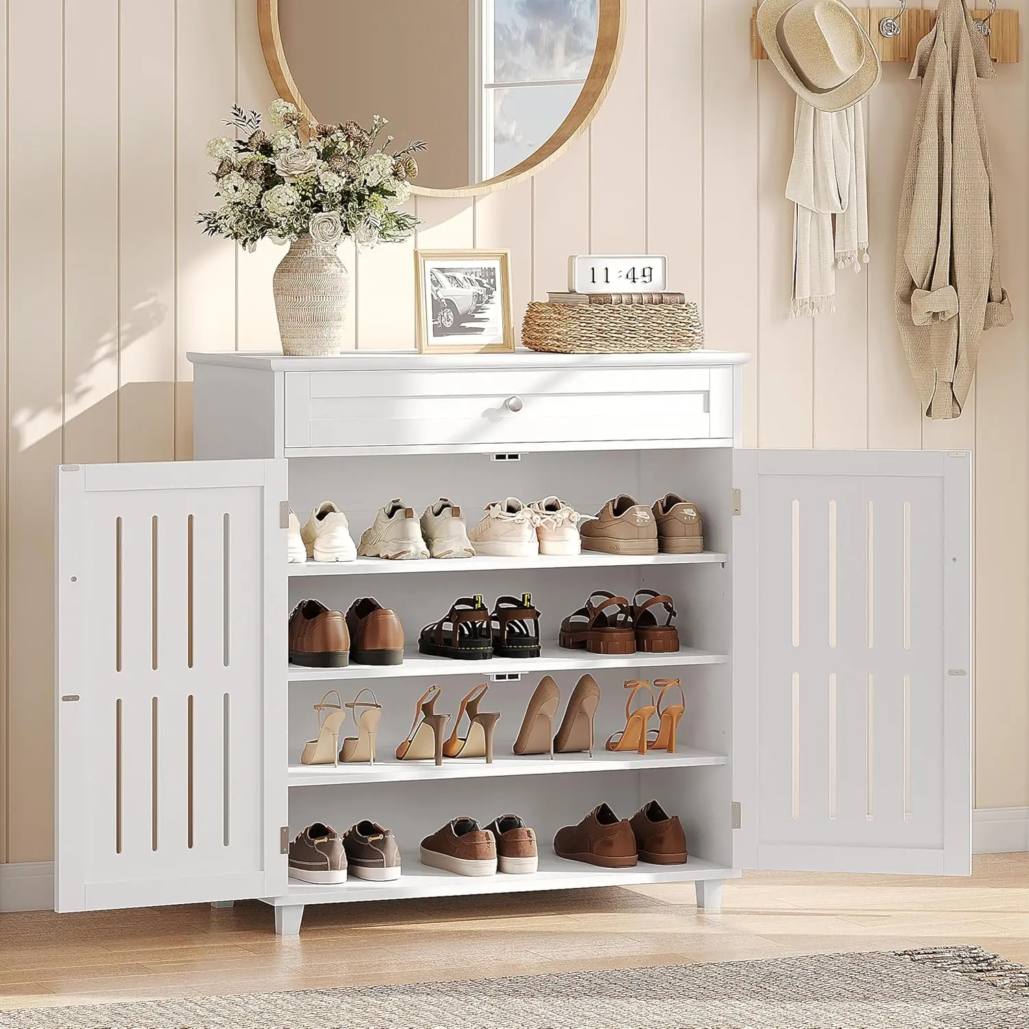 خزانة تخزين الأحذية من 4 طبقات مع درج وأرفف قابلة للتعديل، منظم رف الأحذية الخشبي مع كوة