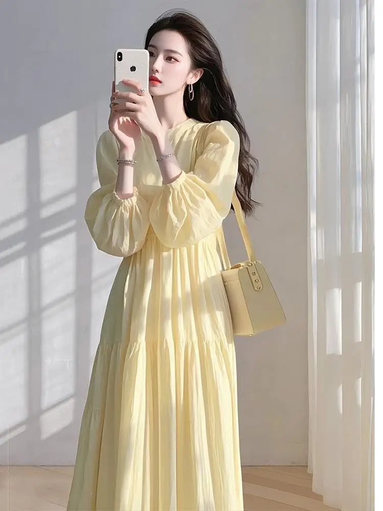 

Plus Size Yellow Loose irt Dr Women's Spring Faion Formal Ocn Holiday Sle Fairy Long Skirt High Waist Long Sve Dr