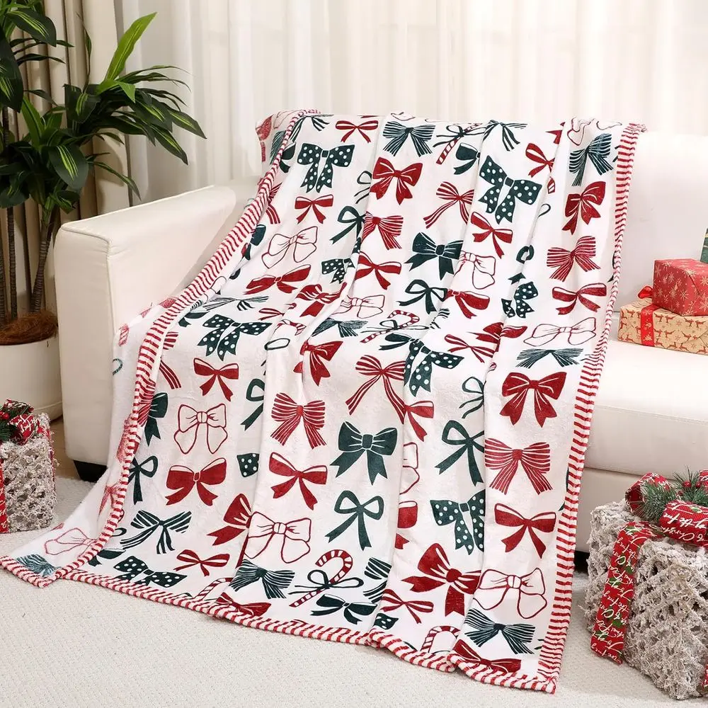 

Cozy 60x80 Flannel Christmas Bow Blanket with Candy Cane Design for Cozy Aesthetic Room Decor