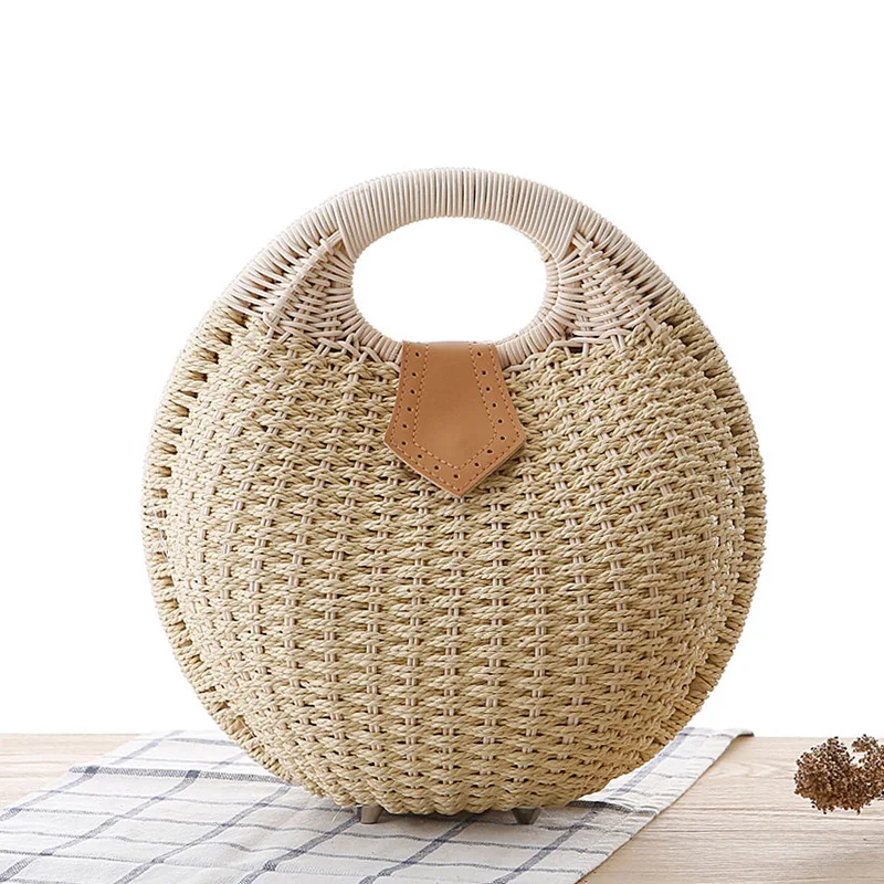 Fashion Rattan Women Handbags Round Shell Shaped Straw Hand Bags Handmade Weave Summer Beach Bag Cute Small Purses for Vacation