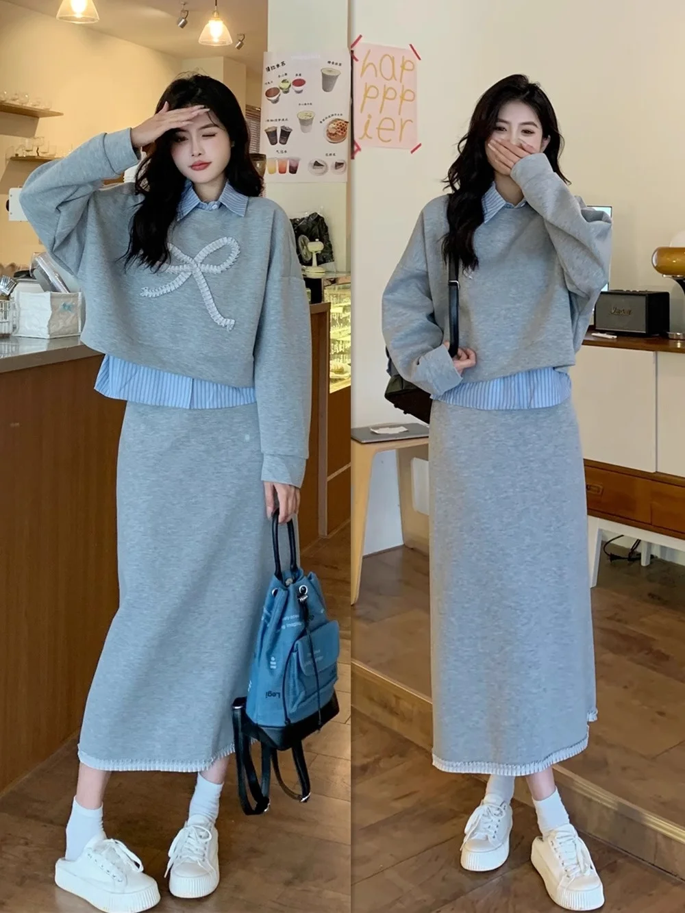 plus Size Women's Long Sve  Ne Striped Patchwork Fake Two-Piece Sweatirt High Waist Bodycon  Skirt Set Casual ...