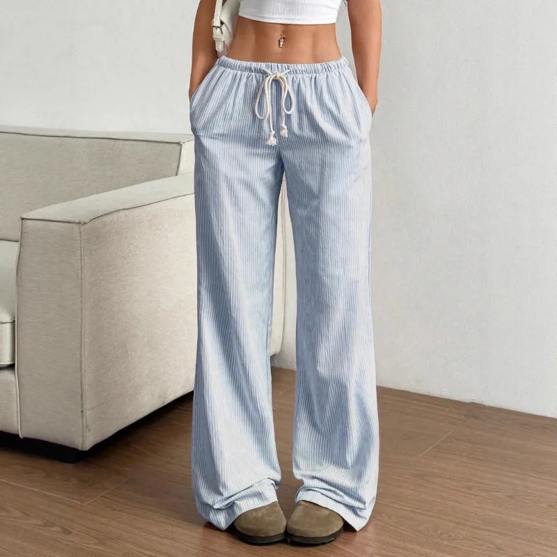 1pcs Striped Wide-Leg Pants Women's Floor-Length Lounge Pants Casual Home Wear Loose Comfortable Trousers