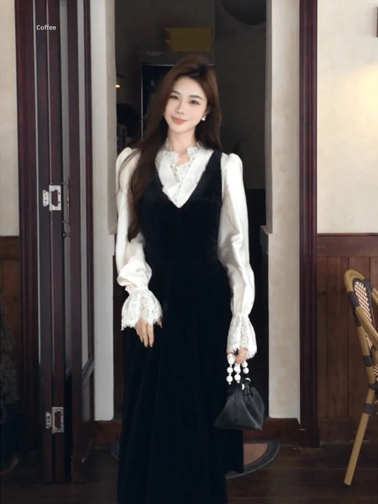 

Syj ujia Lace Splice Satin irt Early Autumn Slimming Dr Set Plump Mm Commute Sle Korean Loose Fit High Waist A-Lin...