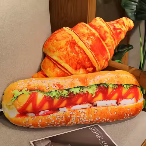 Fun Food Shaped Croissant Baguette Hot Dog Pillows Plush Bread Soft Fluffy Couch Decor Cozy Room Gift Idea Christmas Gift
