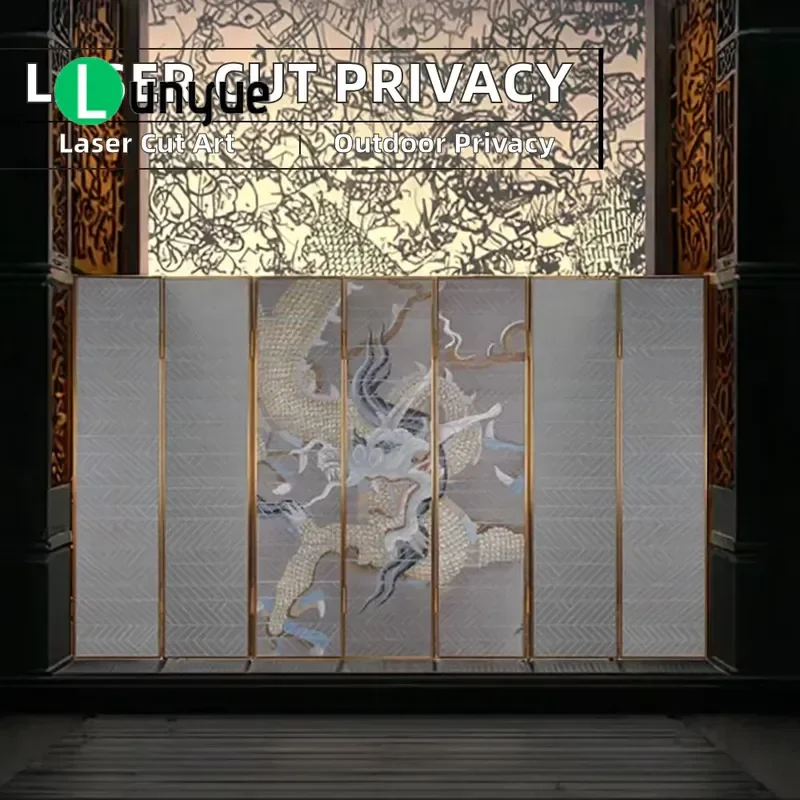 Dragon Totem Art Glass Screen Mirror Stainless Steel Frame Cutting Design Multi Function Room Divider Home Decor