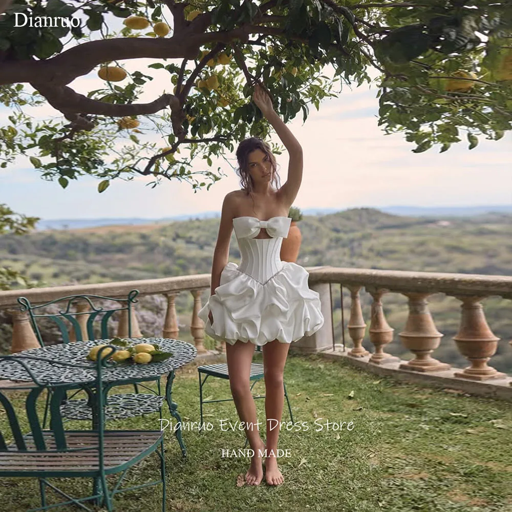 

Dianruo Bow Chest Ruffled Dreamy Wedding Dress Cut Out Mini Length Prom Gowns A Line Sleeveless Homecoming Dresses Customized