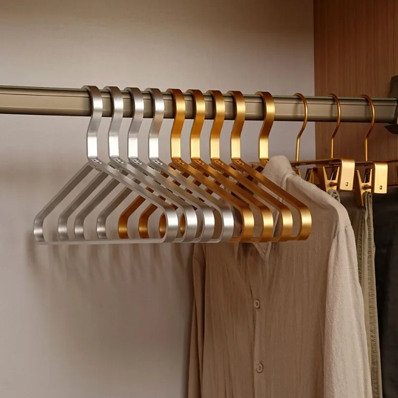 2pcs Luxury Metal Clothes Hanger Anti-bump Shoulder Design Non-slip No Mark Aluminum Racks Home Wardrobe Laundry Hanging Storage