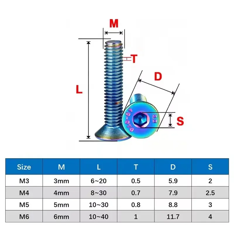 304 Stainless Steel Countersunk Head Hexagon Socket Screws M3 M4 M5 M6 PVD Vacuum Plated Flat Head Motorcycle Modification Bolts
