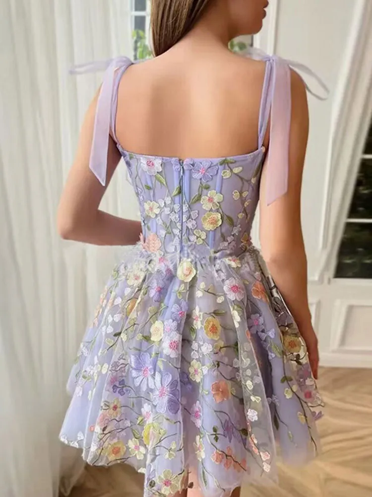 Elegant 3D Flowers Embroidery Women Strap Dresses Sweet Lace up Off Shoulder Backless Party Dress 2024 Spring Summer Lady Robe