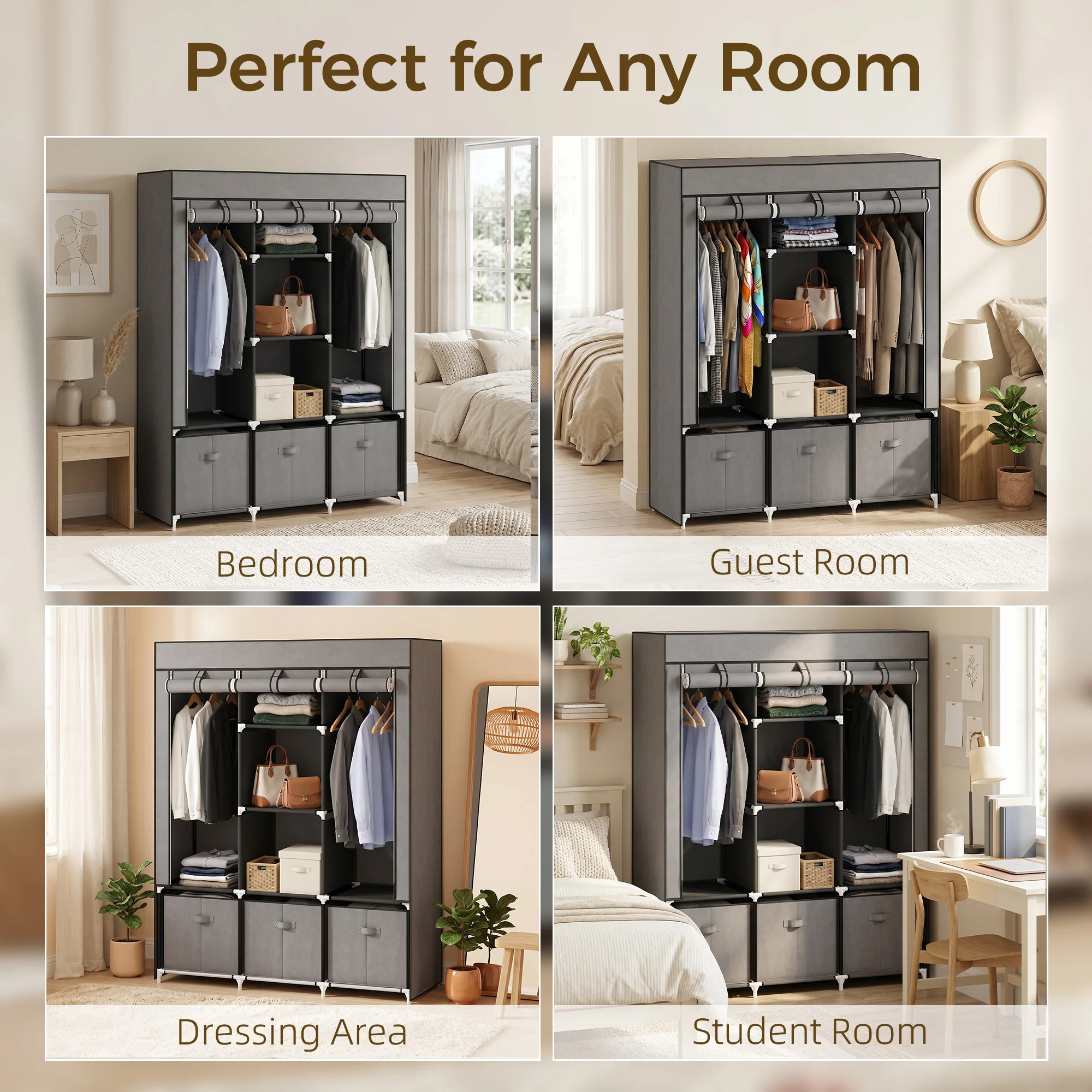 HOMCOM Portable Wardrobe w/ 5 Shelves 3 Fabric Drawers and 2 Hanging Rails Grey