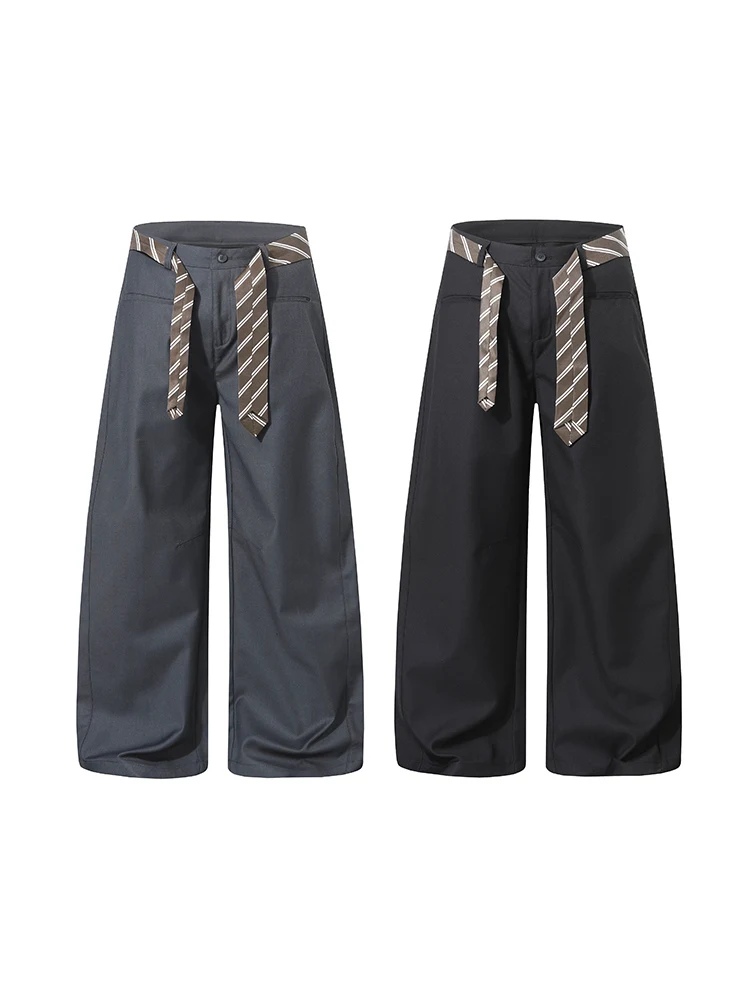 

American Retro Tie Drape Casual Wide Leg Pants Men Women Loose Drapey Pants Straight Cut Zipper Fly mid Waist Long Trousers