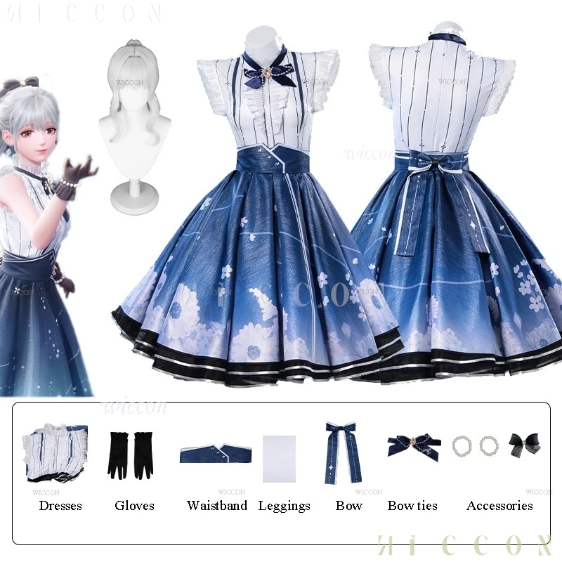 Parrucca del costume cosplay Infinity Nikki Gonna Lolita Abito blu Set Donne Kawaii Ragazze Dolce vestito Gioco di Halloween Abito di memoria floreale