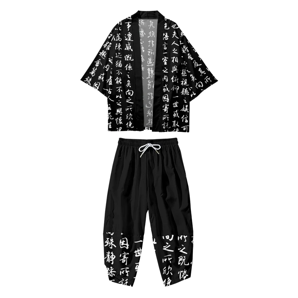 

Harajuku Japanese Samurai Black Print Traditional Cardigan Kimono Casual Oversized Haori Women Men Beach Shirts Clothing